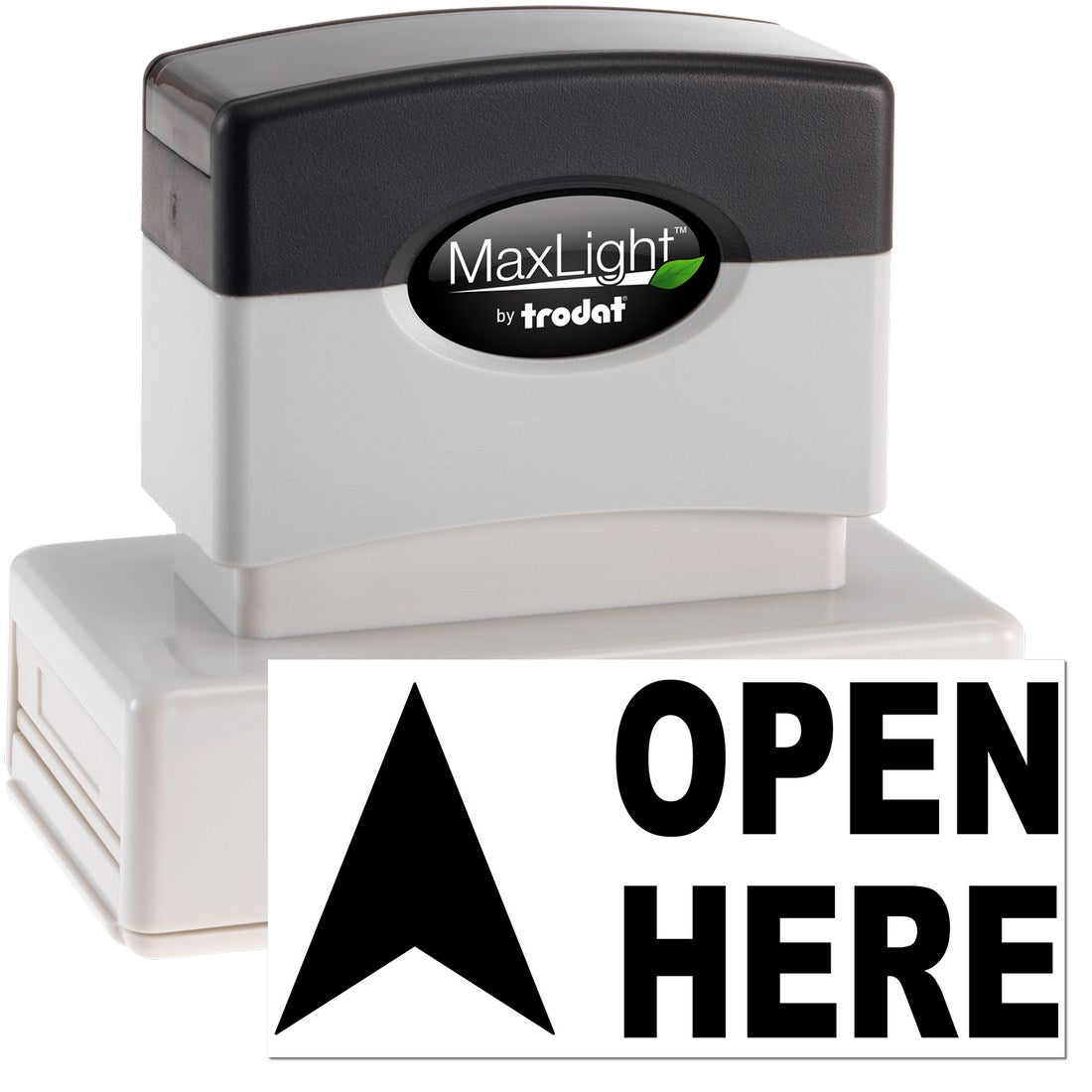 Maxlight Premium Arrow Open Here Stamp, featuring a sleek black and white design with a bold arrow and Open Here text, ideal for efficient labeling and organization.