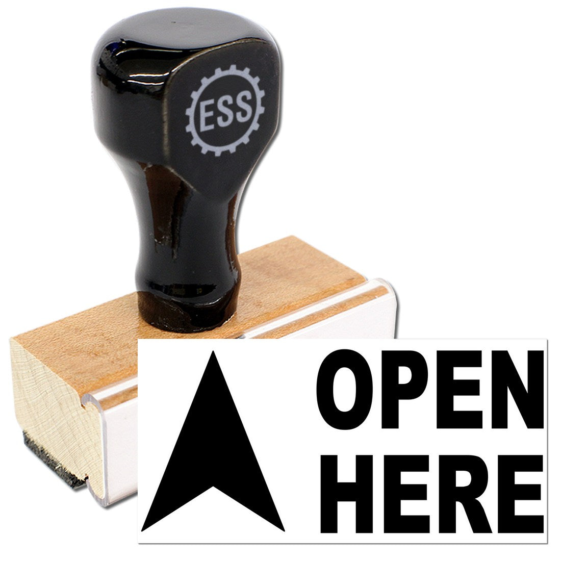 Wood Handle Arrow Open Here Rubber Stamp with black top and wooden base, featuring an arrow and OPEN HERE text. Ideal for packaging and labeling.