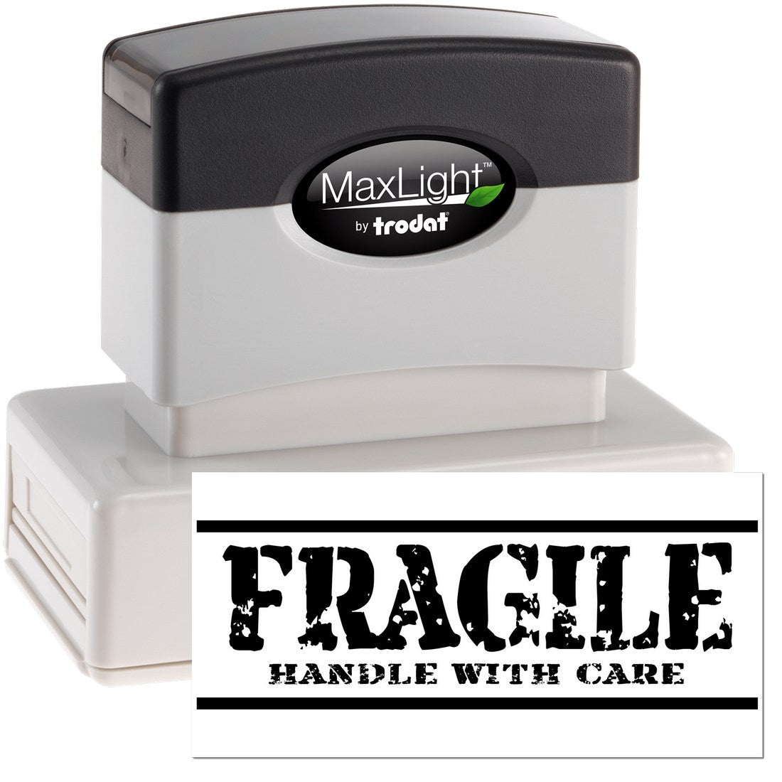 Maxlight Premium Rustic Fragile Handle With Care Stamp, featuring a sturdy black and white design, ideal for marking packages. Perfect for ensuring safe handling of delicate items.