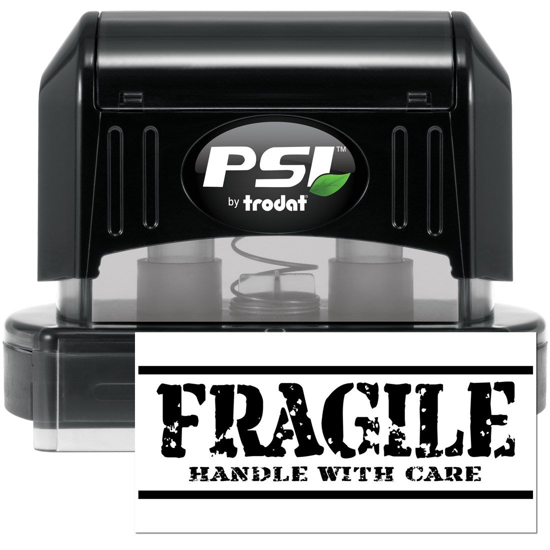 PSI Pre-Inked Rustic Fragile Handle With Care Stamp, featuring a black casing and clear base, with bold FRAGILE HANDLE WITH CARE text. Ideal for marking packages.