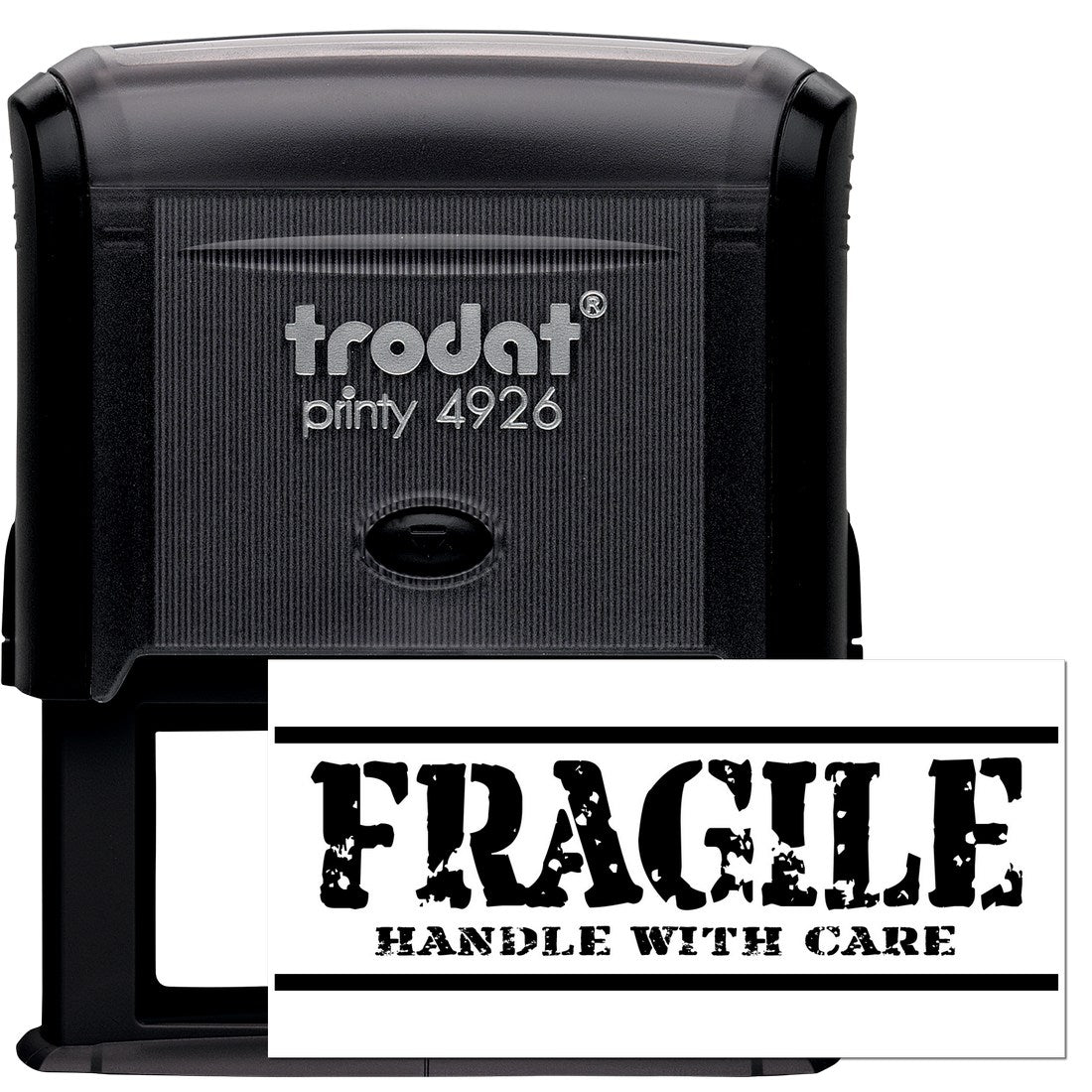 Self-Inking Rustic Fragile Handle With Care Stamp, featuring a black casing and bold FRAGILE HANDLE WITH CARE text, ideal for packaging and shipping needs.