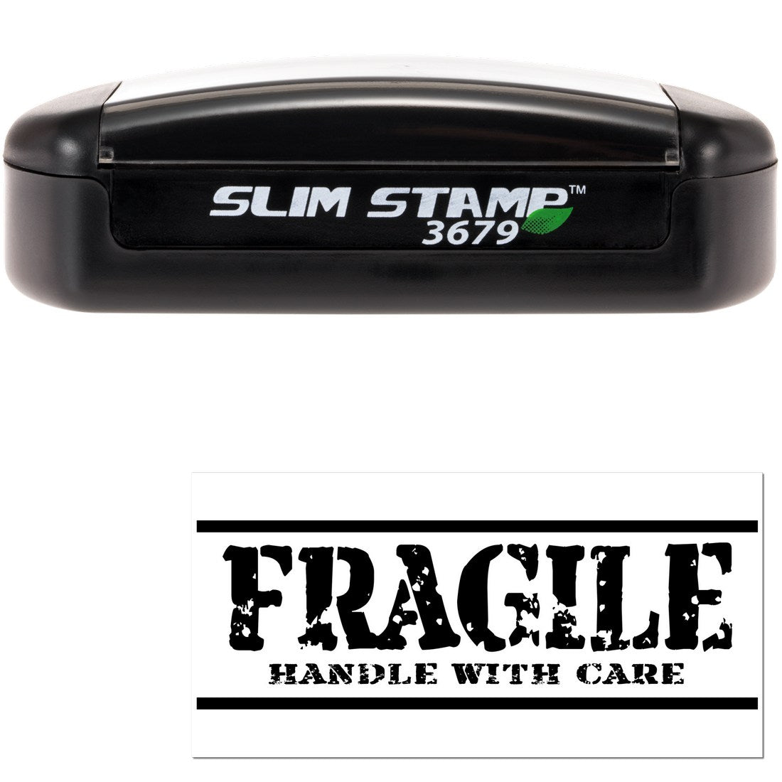 Image of Slim Pre-Inked Rustic Fragile Handle With Care Stamp, featuring a sleek black design with bold FRAGILE HANDLE WITH CARE text, ideal for packaging and shipping needs.