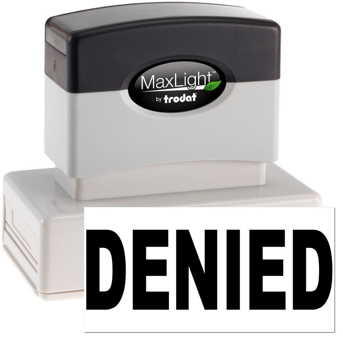 Maxlight Premium Package Denied Stamp with black and white design, featuring bold 'DENIED' text. Ideal for office use. Compact and durable.