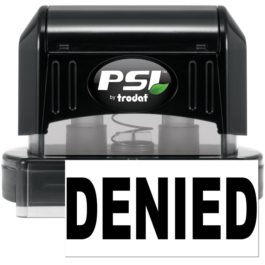 PSI Pre-Inked Package Denied Stamp in black, featuring a clear base and bold DENIED text. Ideal for office use, ensuring clear and professional document marking.