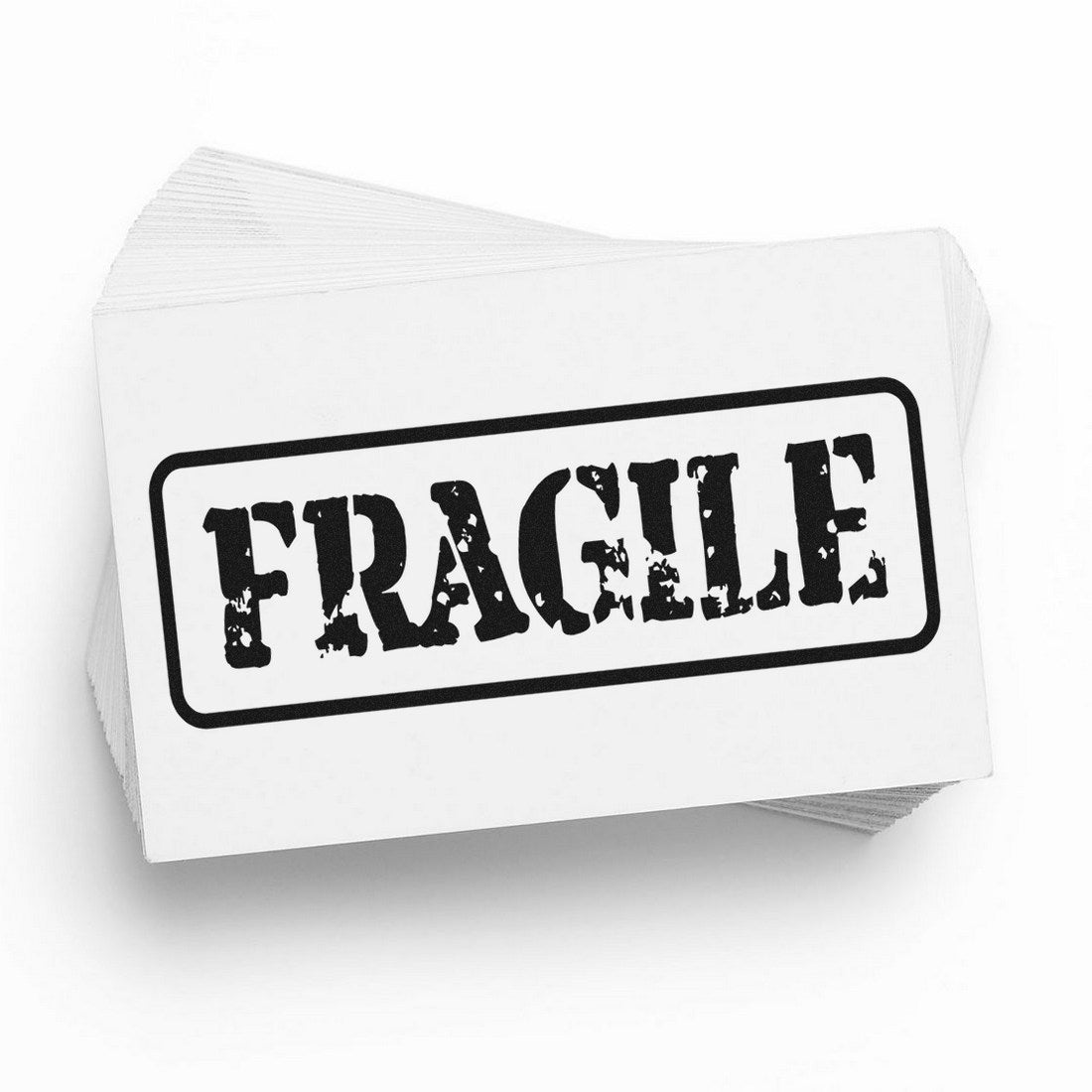 Self-Inking Fragile Packing Stamp with bold black 'FRAGILE' text on a white background, ideal for marking packages. Compact and efficient design for easy use.