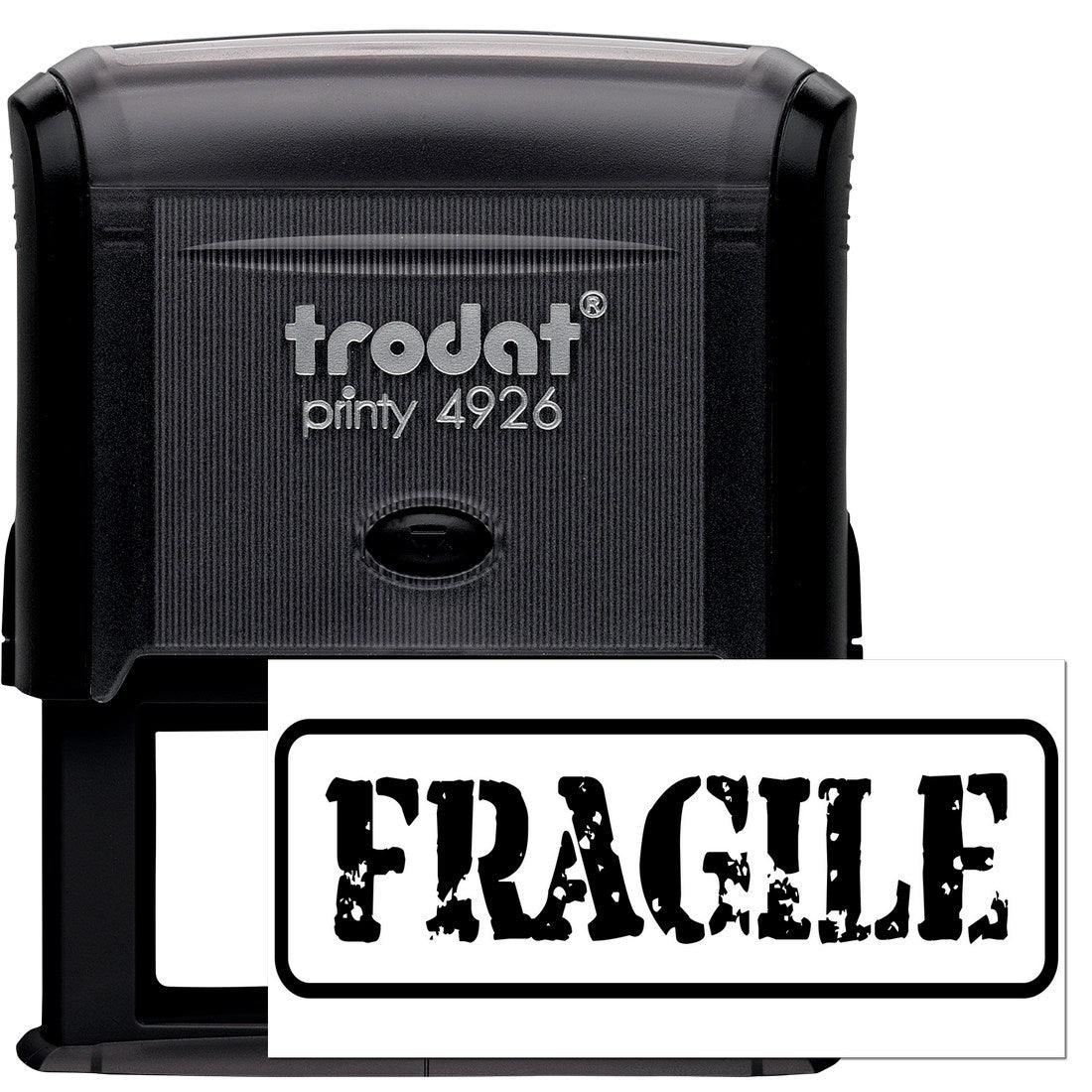 Self-Inking Fragile Packing Stamp with black casing and bold FRAGILE text. Ideal for marking packages. Durable and efficient design for frequent use.