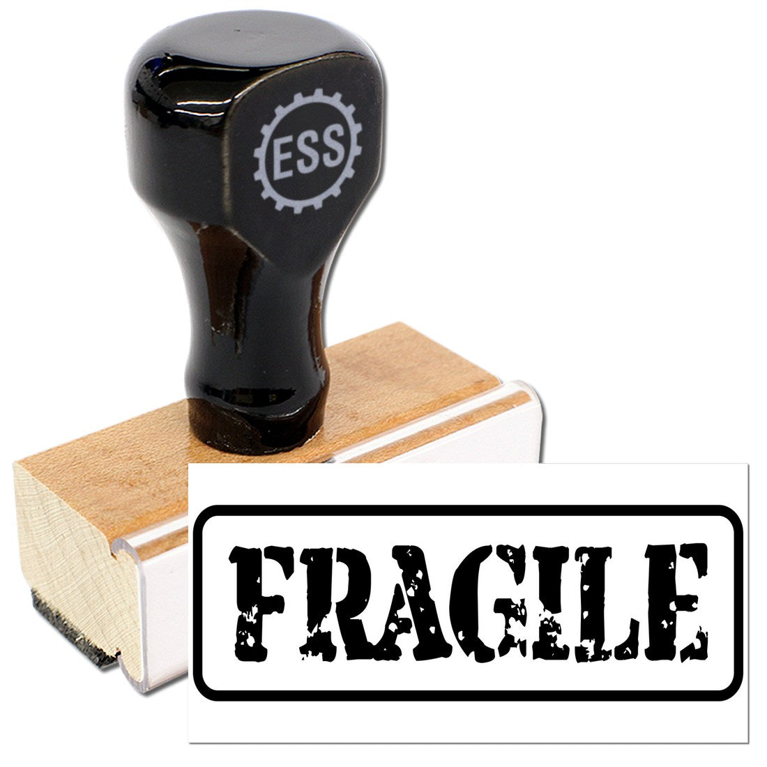 Wood Handle Fragile Packing Rubber Stamp with black top and wooden base, featuring FRAGILE text in bold, distressed font. Ideal for marking packages.