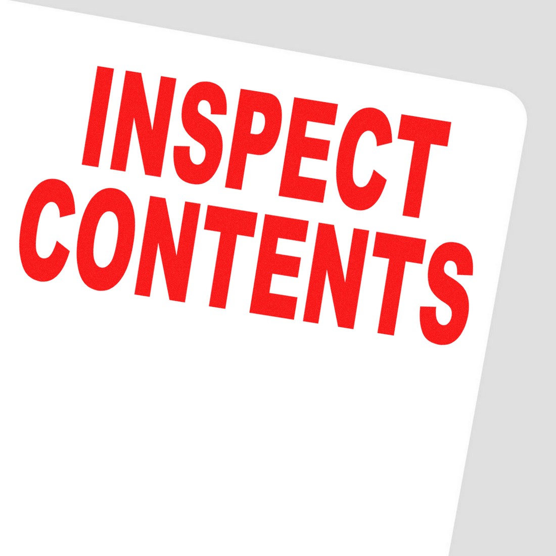 Image of the Slim Pre-Inked Inspect Contents Stamp with bold red text on a white background, designed for efficient marking and inspection tasks.