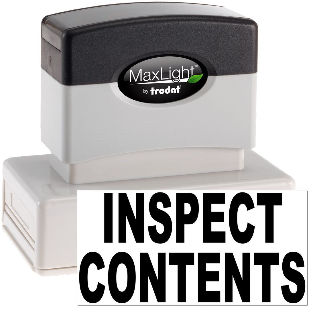 Image of the Maxlight Premium Inspect Contents Stamp, featuring a sleek black and white design with bold INSPECT CONTENTS text, ideal for efficient document marking.