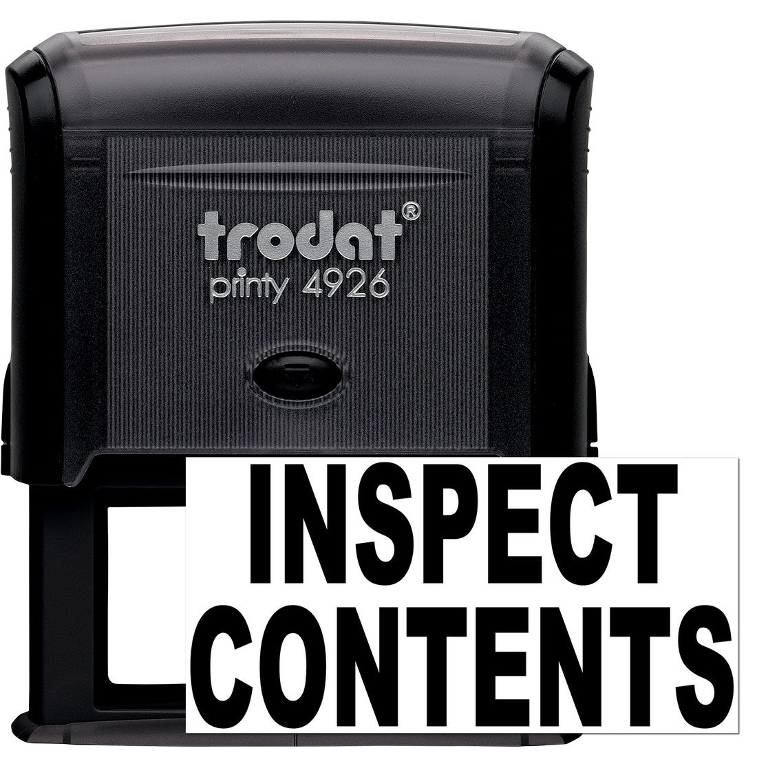 Self-Inking Inspect Contents Stamp with black casing and bold 'INSPECT CONTENTS' text, ideal for efficient document marking. Trodat Printy 4926 model.