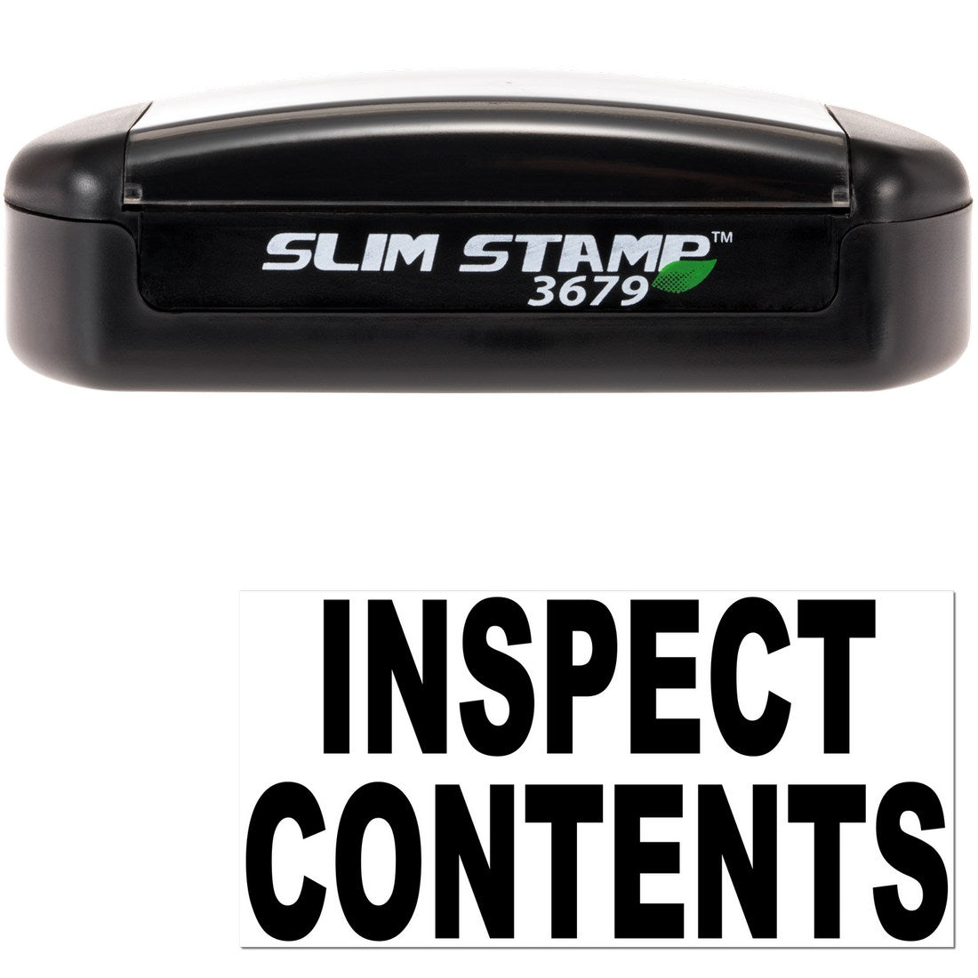 Slim Pre-Inked Inspect Contents Stamp with black casing and bold 'INSPECT CONTENTS' text, ideal for efficient marking. Compact design for easy handling.