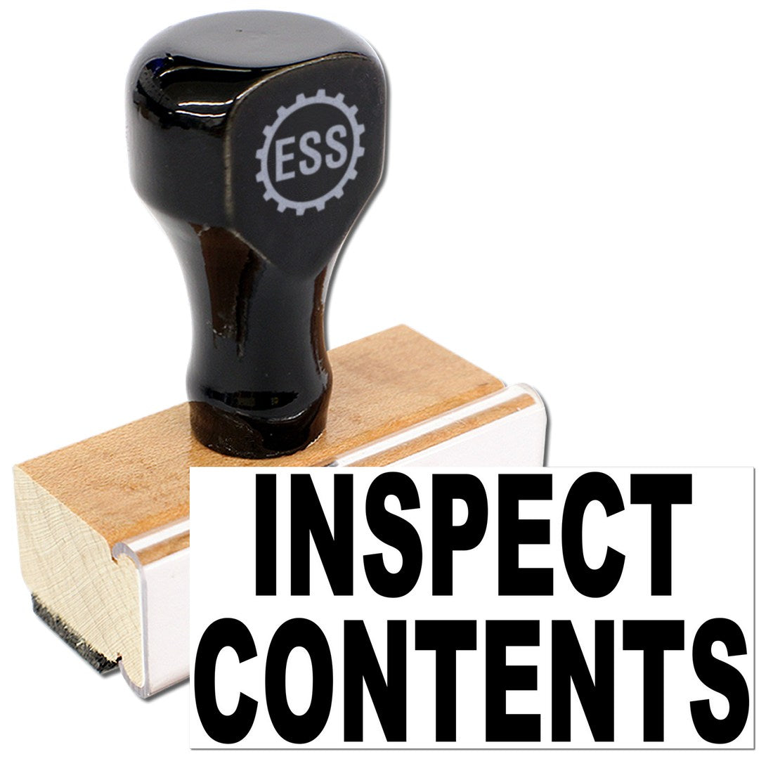 Wood Handle Inspect Contents Rubber Stamp with black top and wooden base, featuring bold INSPECT CONTENTS text. Ideal for office use.