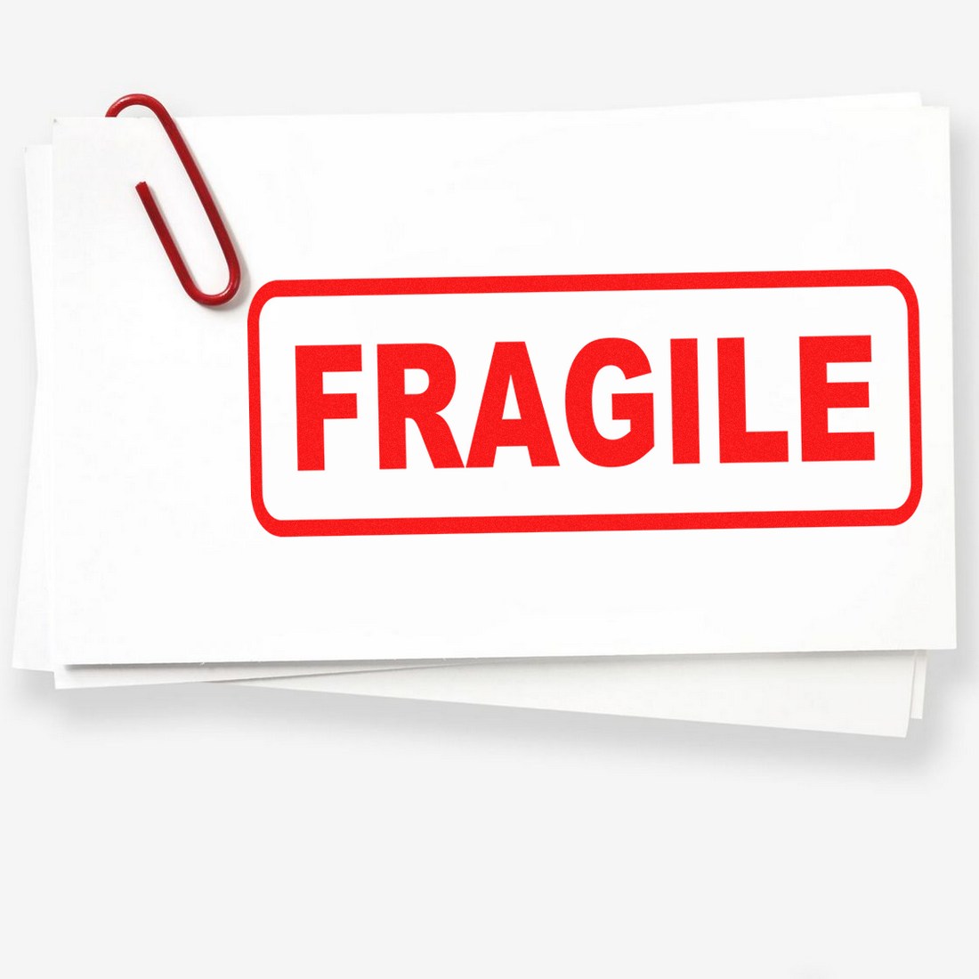 Image of a Slim Pre-Inked Fragile Stamp with bold red FRAGILE text on a white background, designed for easy marking of delicate packages.