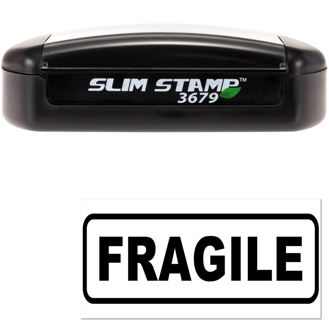 Slim Pre-Inked Fragile Stamp with sleek black casing and bold FRAGILE imprint. Ideal for marking packages, ensuring visibility and protection during shipping. Compact and efficient design.