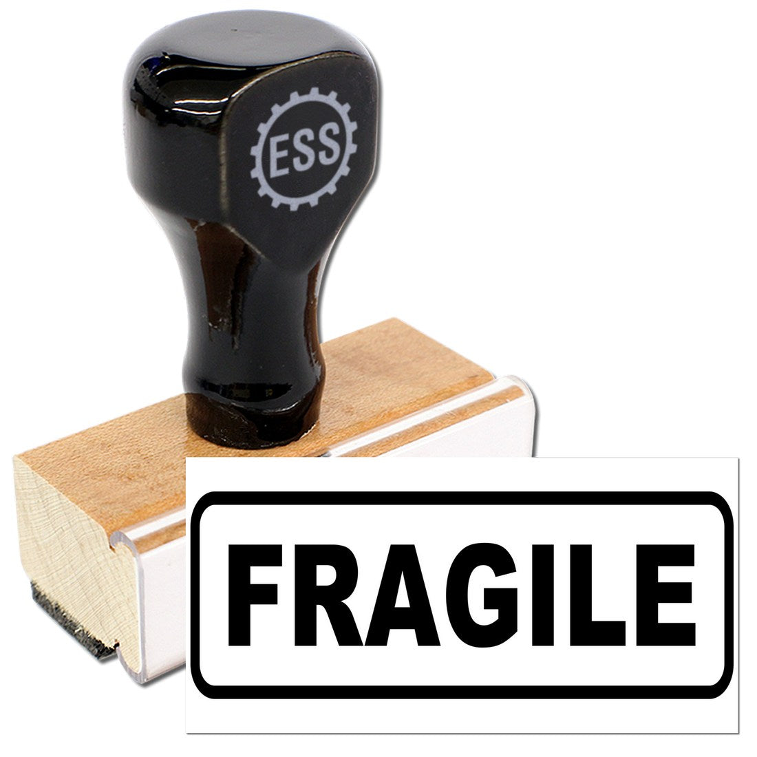 Wood Handle Fragile Rubber Stamp with black top and wooden base, featuring ESS logo. Ideal for marking packages as fragile.