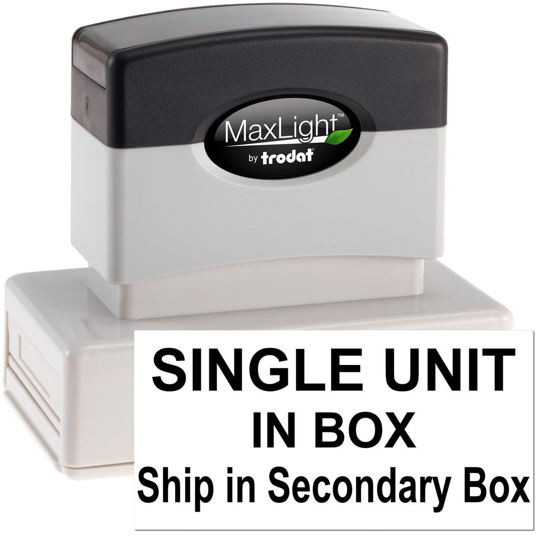 Image of Maxlight Premium Single Unit Secondary Box Stamp, featuring a sleek black and white design with Single Unit in Box text, ideal for efficient stamping needs.