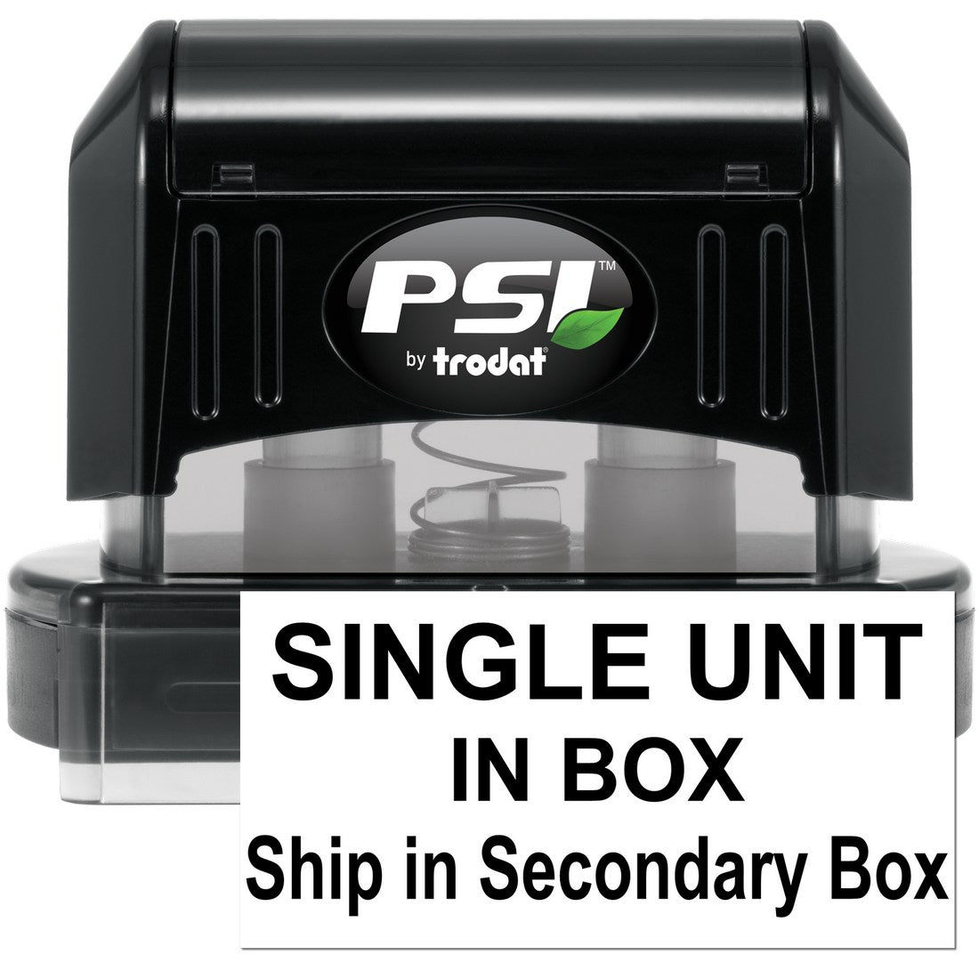 PSI Pre-Inked Single Unit Secondary Box Stamp in black, featuring a compact design with clear labeling for efficient stamping. Ideal for office use.