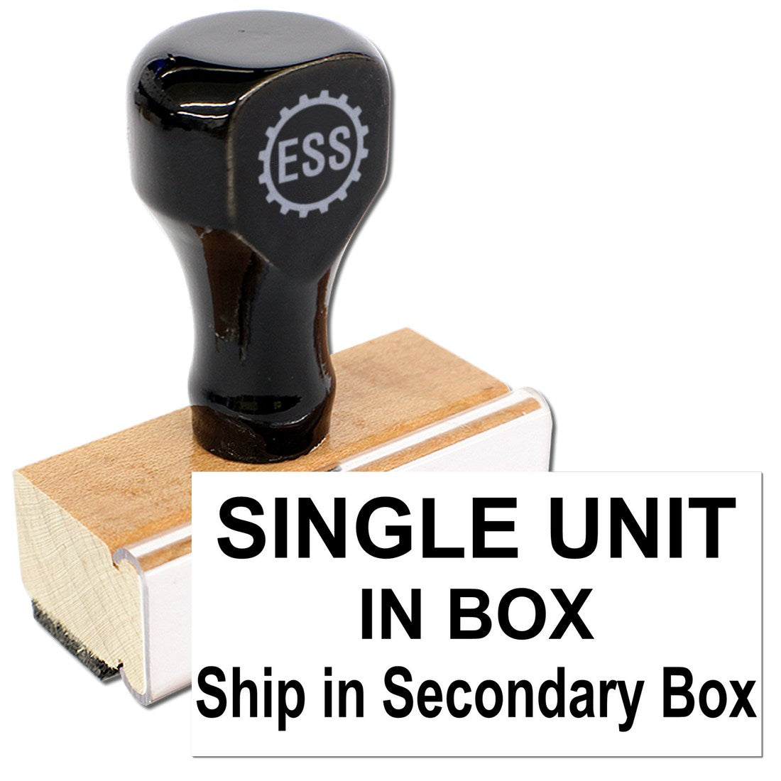 Wood Handle Single Unit Secondary Box Rubber Stamp with black top and wooden base, featuring ESS logo. Ideal for shipping needs.