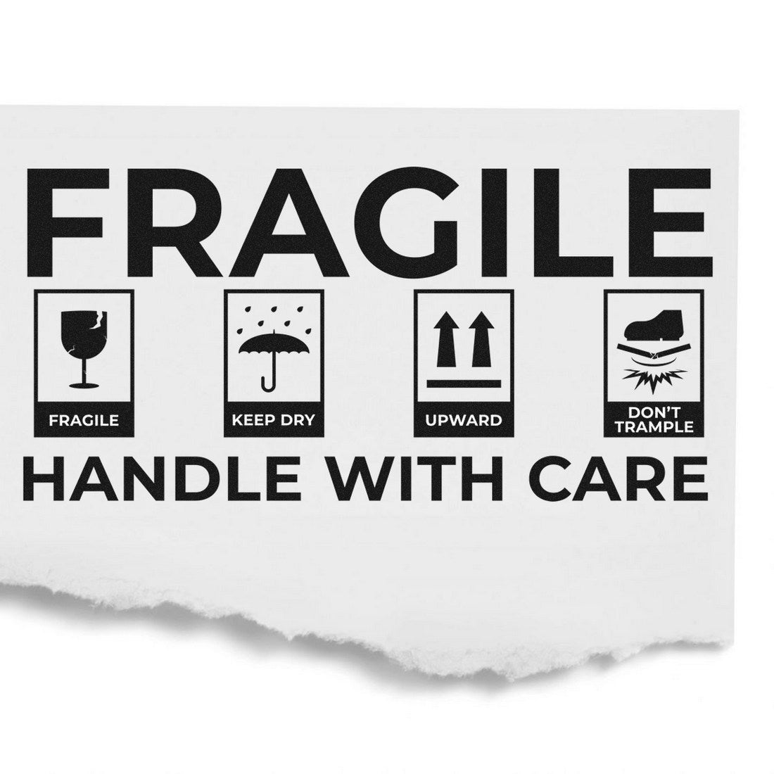 Slim Pre-Inked Fragile Shipping Stamp with icons for fragile, keep dry, upward, and don't trample. Black text on white background for clear package handling instructions.