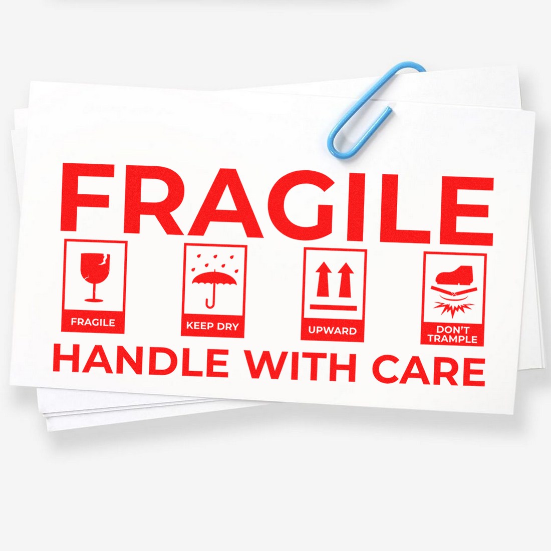 Maxlight Premium Fragile Shipping Stamp with red icons and text 'FRAGILE HANDLE WITH CARE' on white background, featuring symbols for fragile, keep dry, upward, and don't trample.