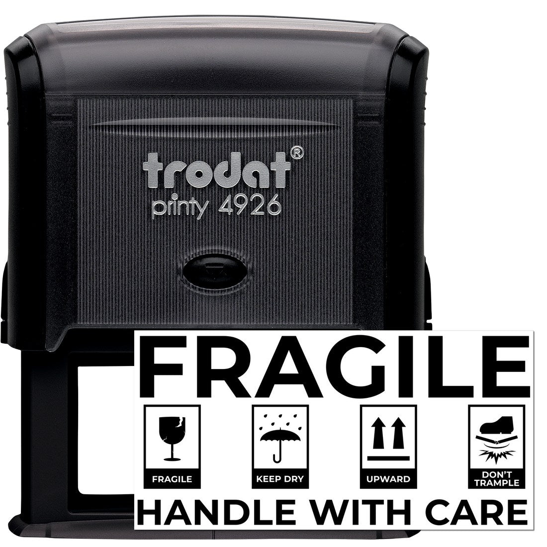 Self-Inking Fragile Shipping Stamp with black casing, featuring FRAGILE text and icons for handling instructions. Ideal for marking packages with care.