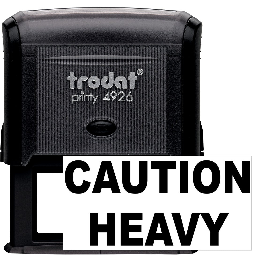 Self-Inking Heavy Caution Stamp with black casing and bold 'CAUTION HEAVY' text, ideal for marking packages. Durable design for frequent use.