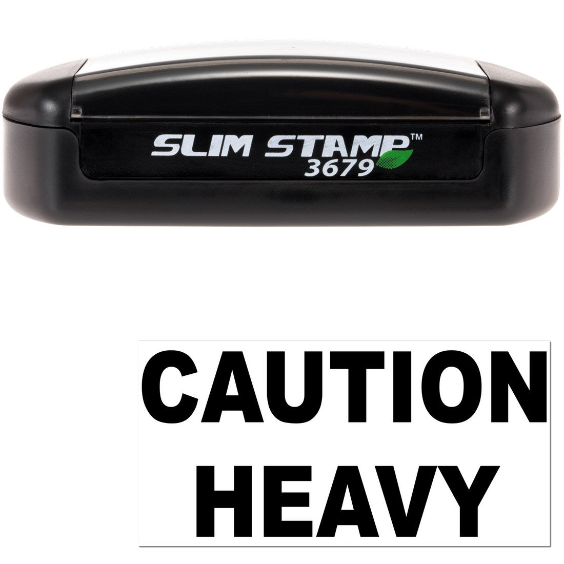 Slim Pre-Inked Heavy Caution Stamp with black casing and bold CAUTION HEAVY text. Compact design for efficient use. Ideal for marking packages and documents.