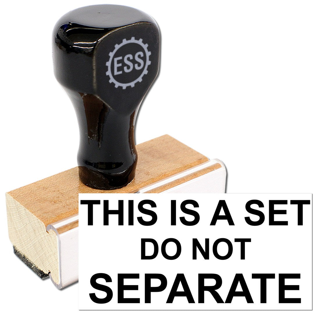 Wood Handle Do Not Separate Set Rubber Stamp with black top and wooden base, featuring bold text THIS IS A SET DO NOT SEPARATE on a white background. Perfect for office use.