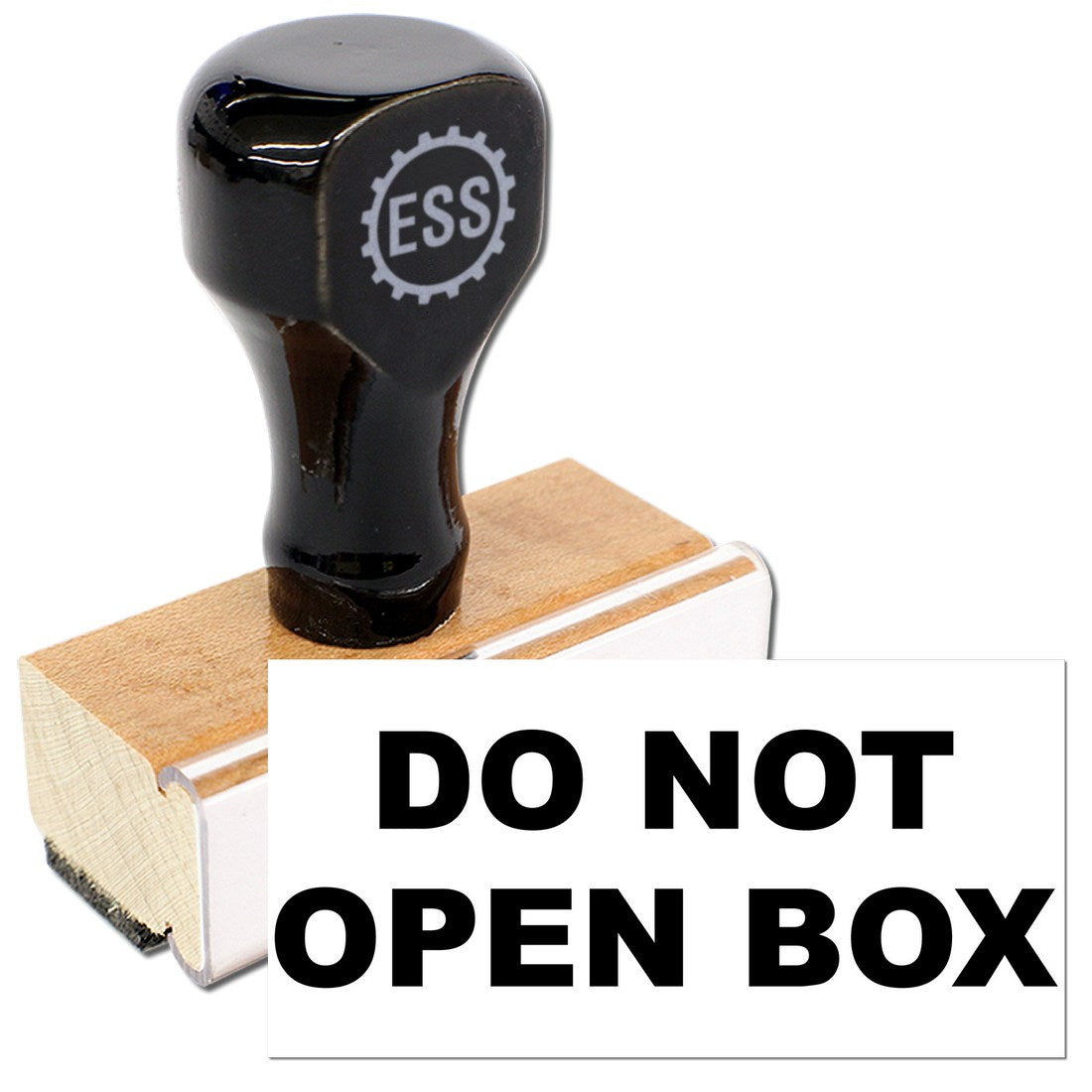 Wood Handle Do Not Open Box Rubber Stamp with black top and wooden base, featuring bold DO NOT OPEN BOX text. Ideal for packaging and shipping needs.