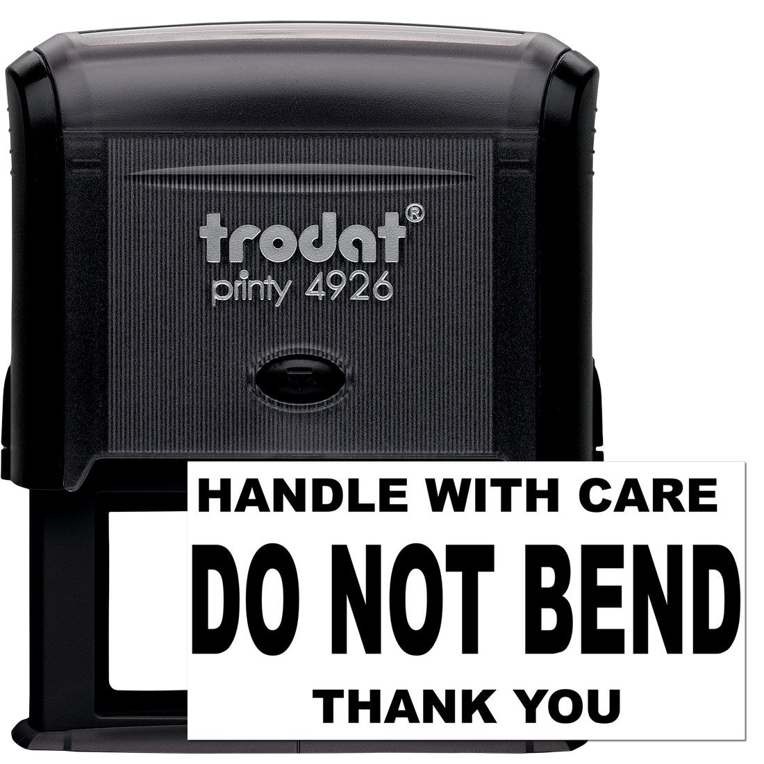 Self-Inking Handle With Care Do Not Bend Thank You Stamp, black casing, featuring bold text for easy package labeling.