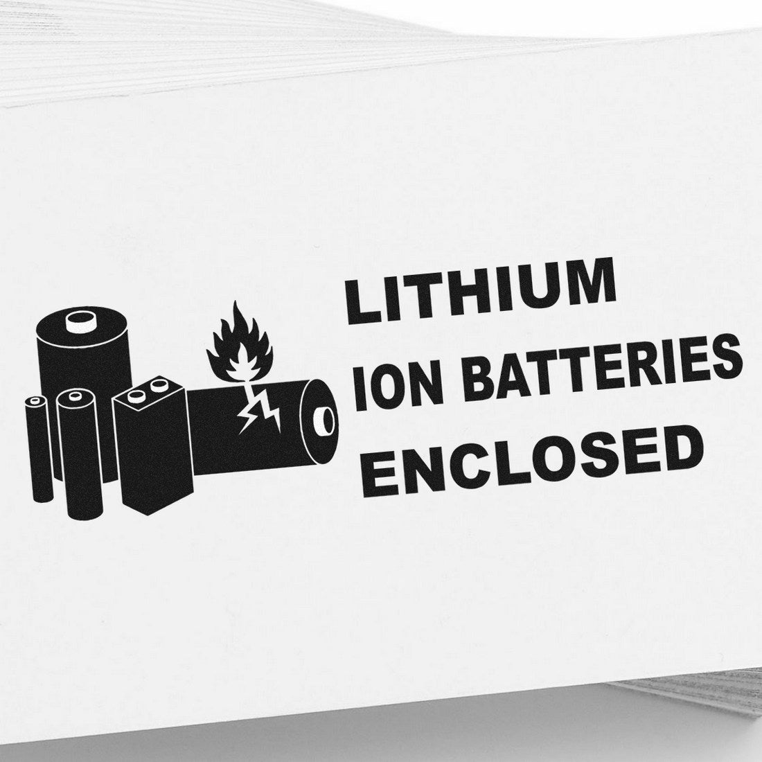 Image of the Slim Pre-Inked Lithium Ion Battery Warning Stamp, featuring bold black text and battery icons on a white background, indicating Lithium Ion Batteries Enclosed.