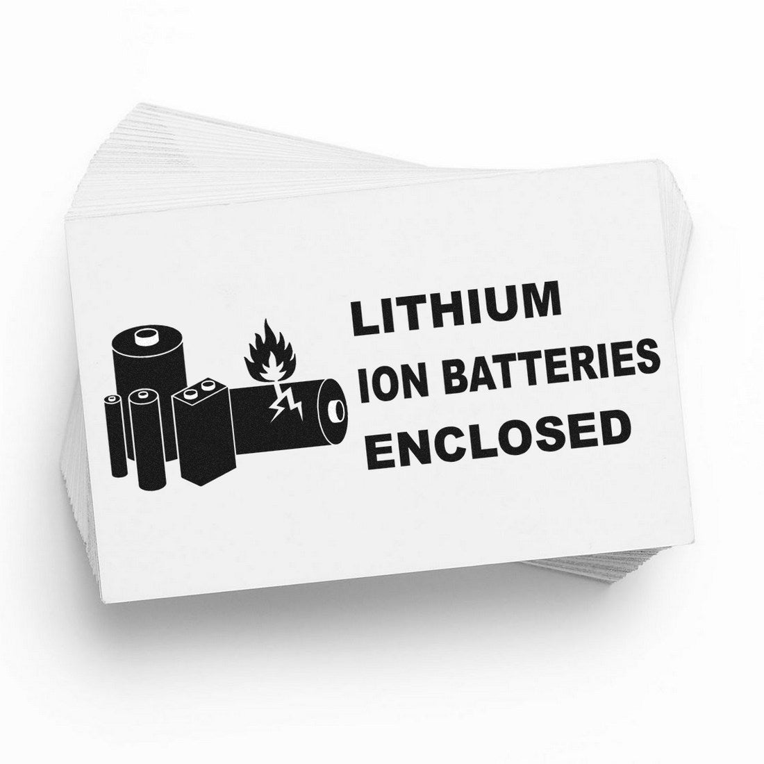 Image of the Slim Pre-Inked Lithium Ion Battery Warning Stamp, featuring bold black text and battery icons on a white background, indicating Lithium Ion Batteries Enclosed.