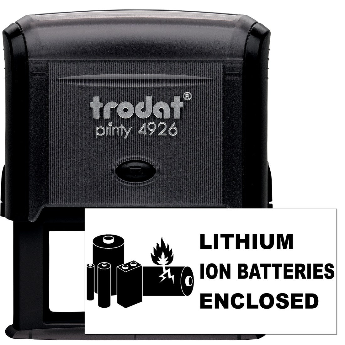 Self-Inking Lithium Ion Battery Warning Stamp with black casing, featuring Lithium Ion Batteries Enclosed text and battery icons. Ideal for safety labeling and packaging.