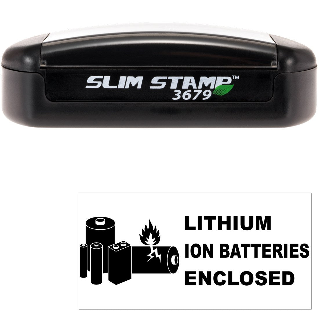 Image of a Slim Pre-Inked Lithium Ion Battery Warning Stamp, featuring a sleek black design with a clear warning label for lithium ion batteries enclosed.