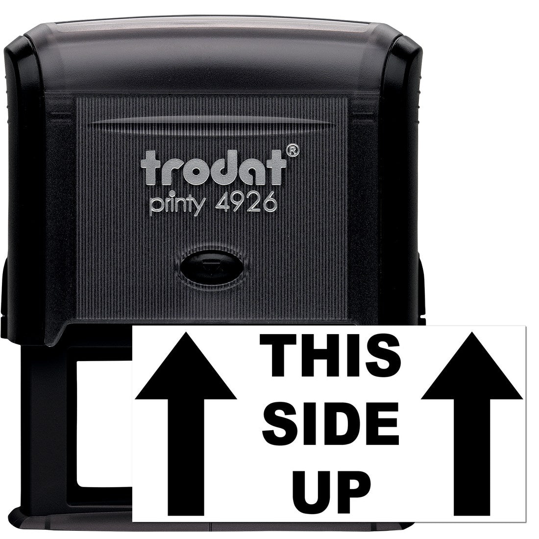 Self-Inking This Side Up Arrow Stamp featuring a black casing with bold This Side Up text and arrows, ideal for packaging and shipping. Durable and efficient for repeated use.