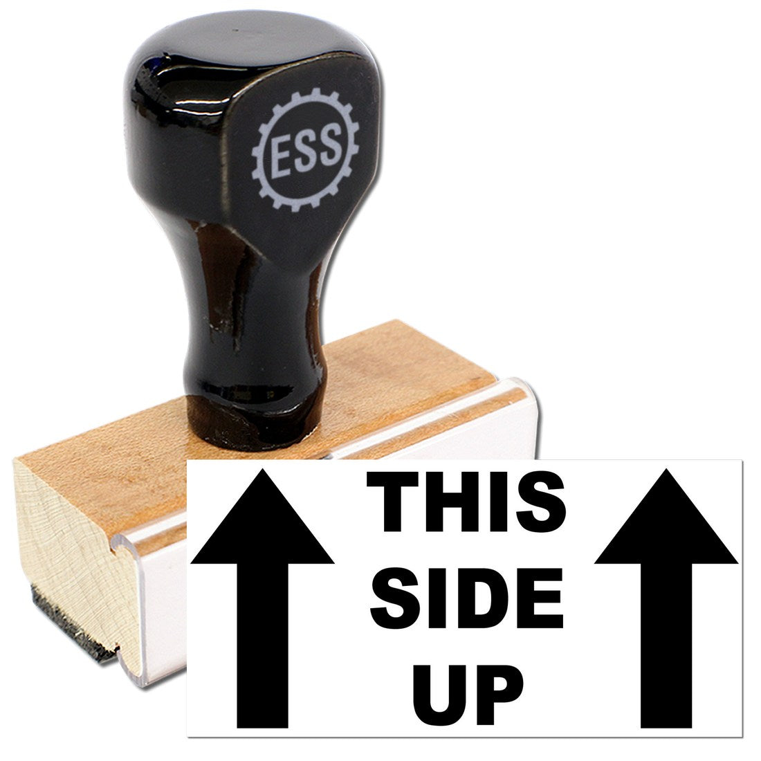 Wood Handle This Side Up Arrow Rubber Stamp with black top and wooden base, featuring bold THIS SIDE UP text and arrows. Ideal for packaging and shipping.