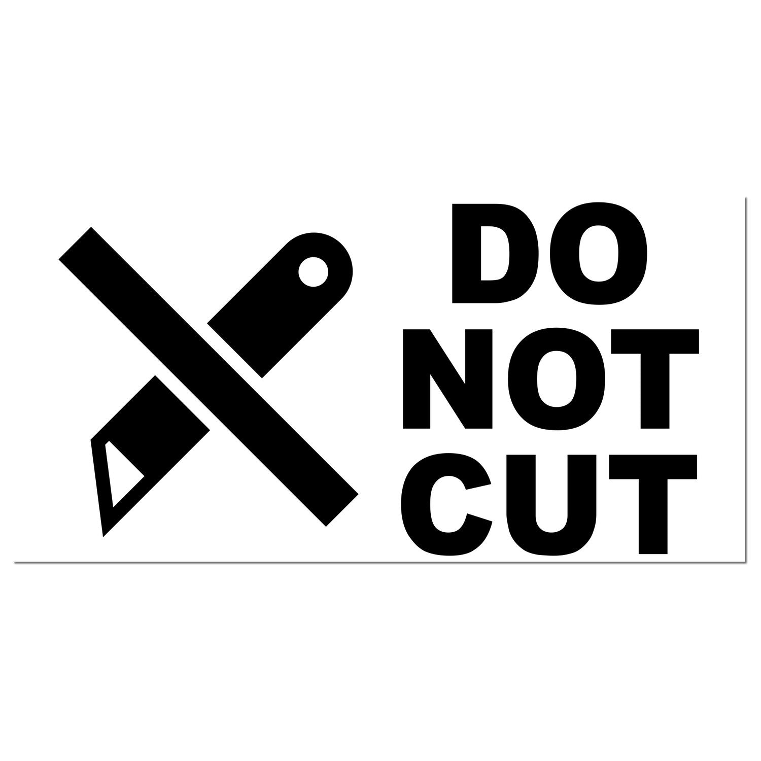 Self-Inking Do Not Cut Symbol Stamp featuring a crossed-out knife icon and bold DO NOT CUT text, ideal for packaging and safety warnings.