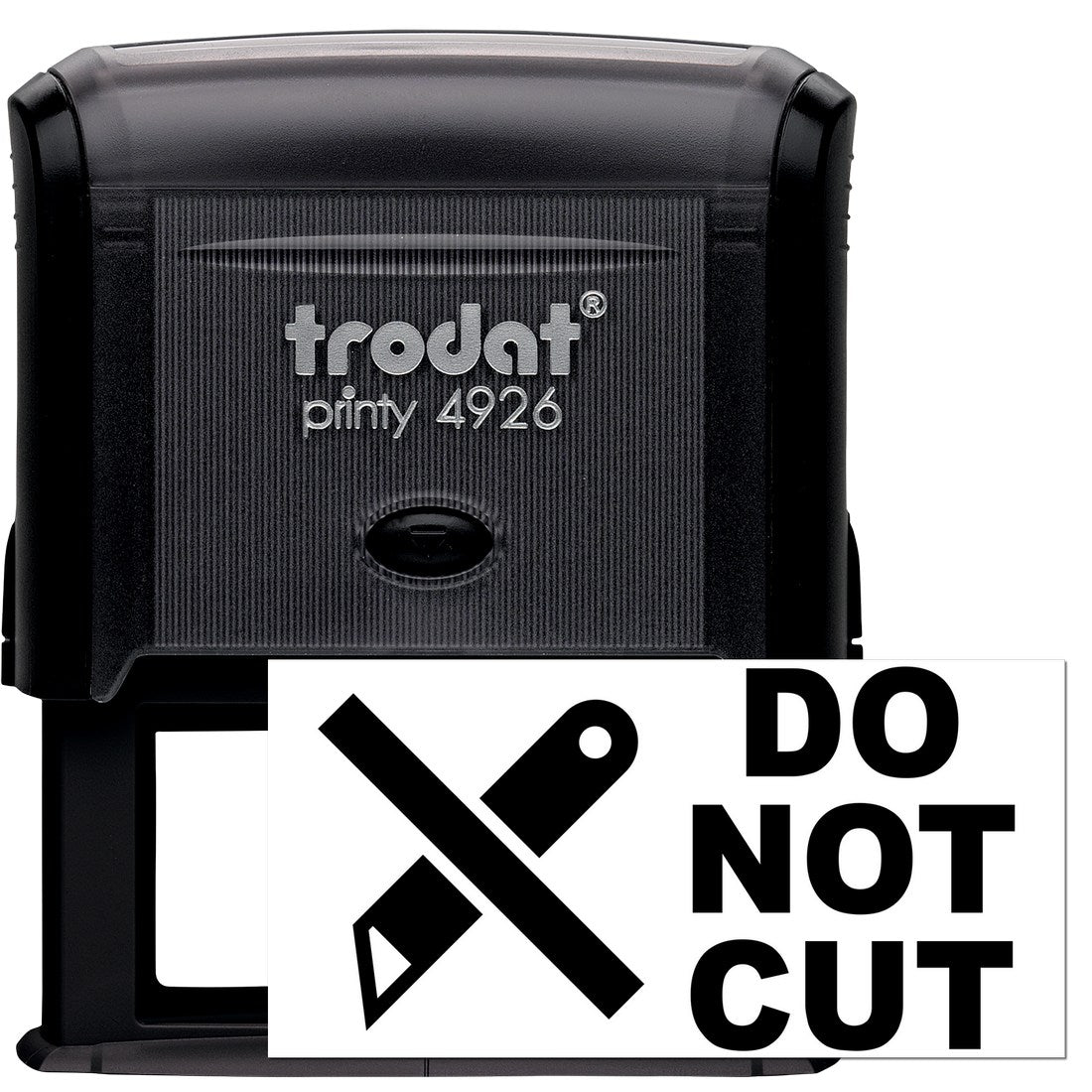 Self-Inking Do Not Cut Symbol Stamp featuring a black casing with a clear Do Not Cut symbol and text. Ideal for marking packages and documents. Durable and easy to use.