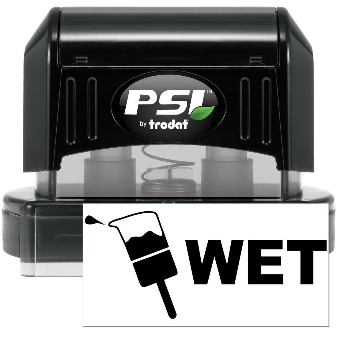 PSI Pre-Inked Wet Stamp in black with clear base, featuring a wet paintbrush icon and 'WET' text, ideal for marking surfaces. Compact and durable design.