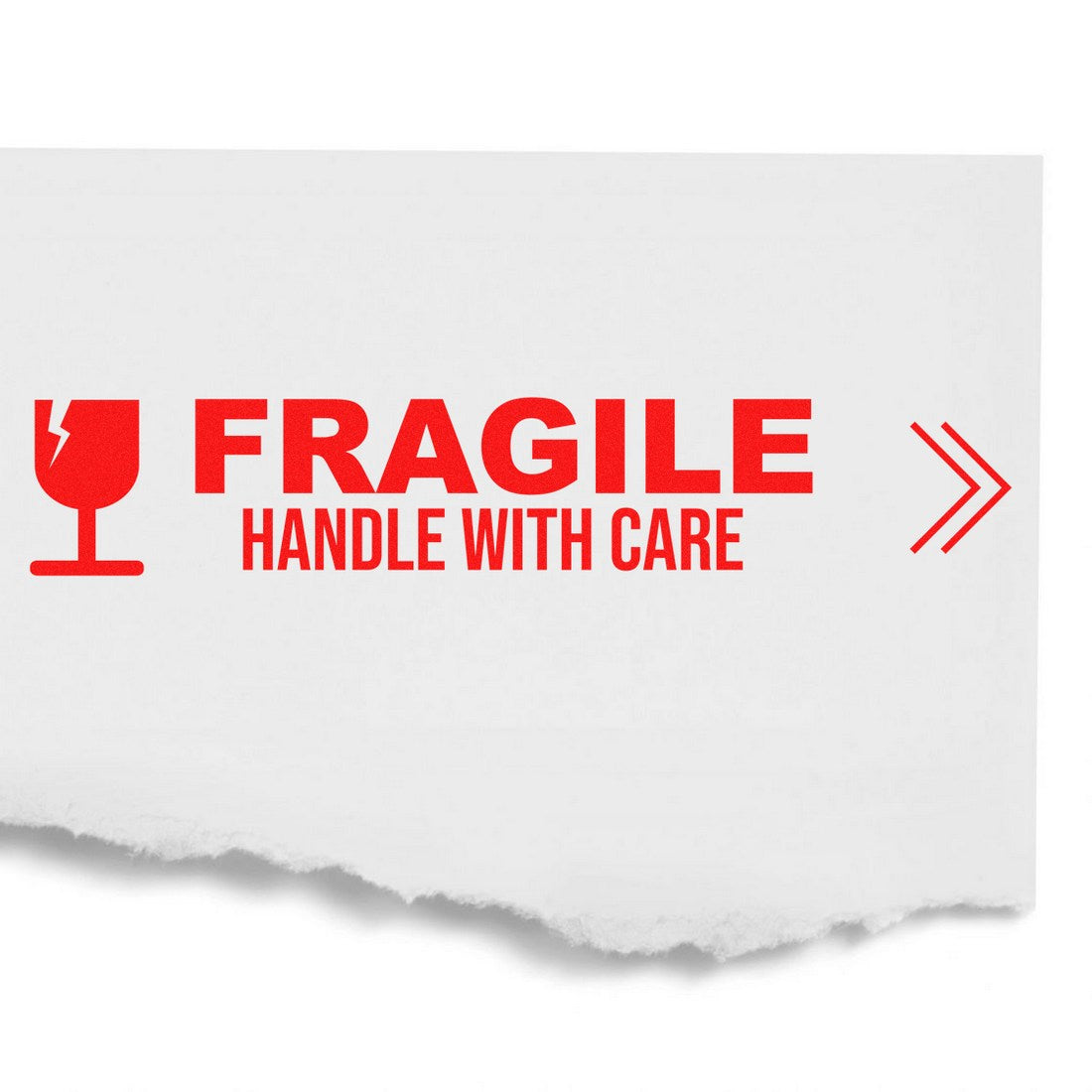 Wood Handle Fragile Handle With Care Rubber Stamp featuring bold red text and a fragile symbol on a white background, ideal for marking packages that require careful handling.