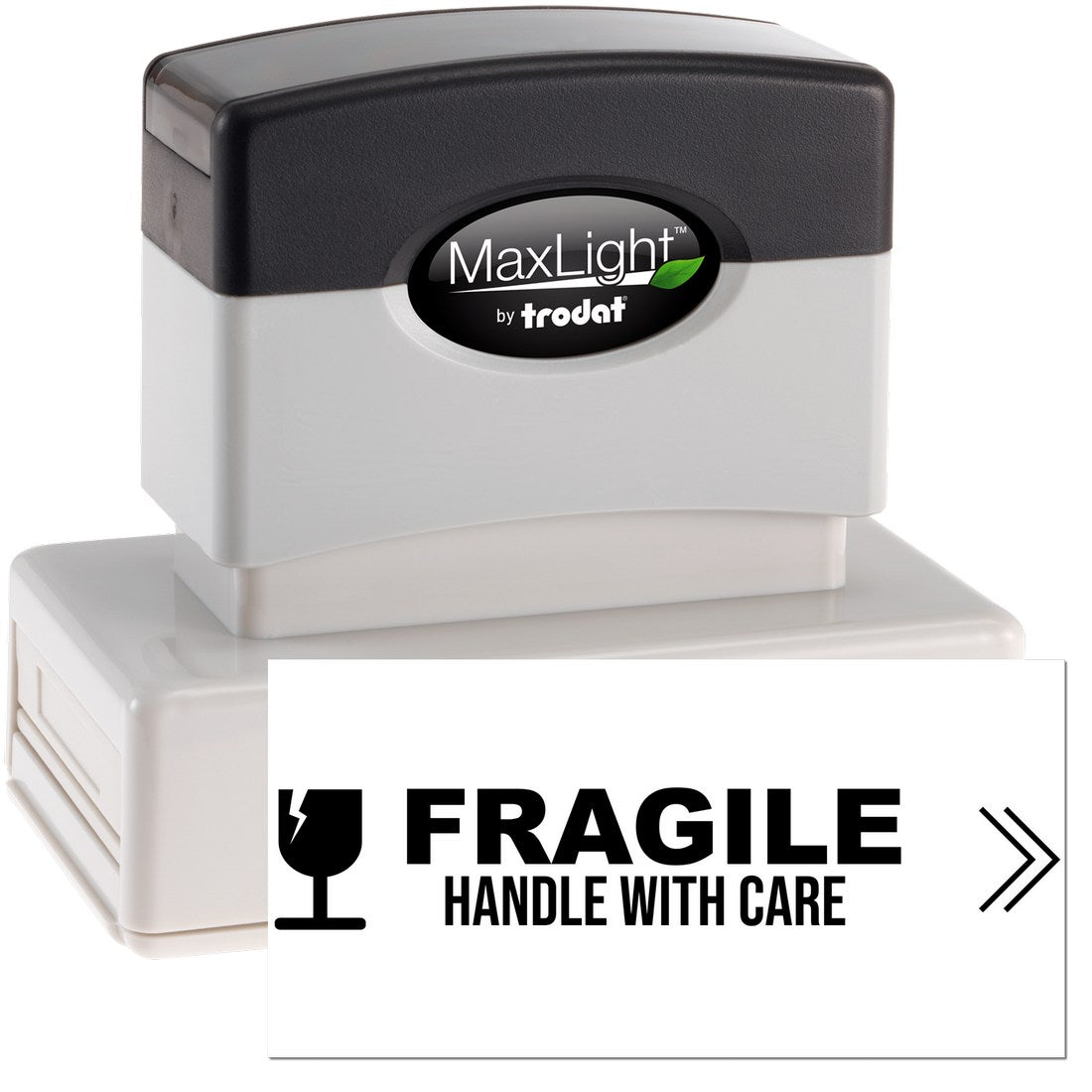 Maxlight Premium Fragile Handle With Care Stamp, featuring a durable black and white design, ideal for marking packages. Perfect for ensuring safe handling of delicate items.