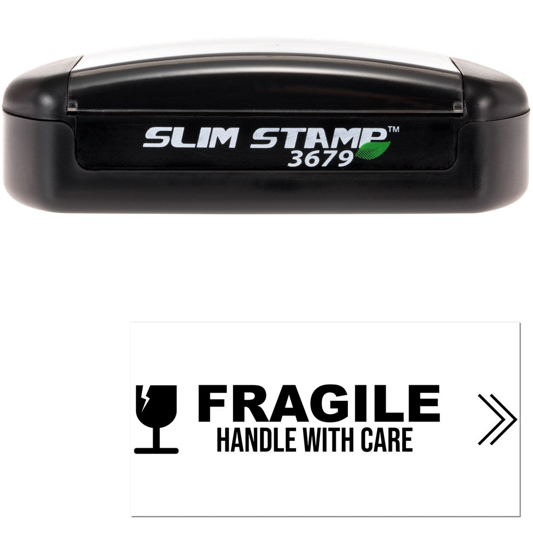 Slim Pre-Inked Fragile Handle With Care Stamp in black, featuring a compact design with clear FRAGILE HANDLE WITH CARE text and icon. Ideal for marking packages safely.