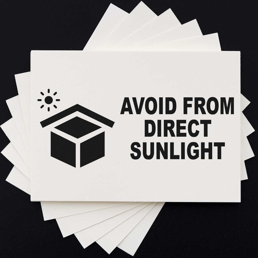 Image of a Self-Inking Sunlight Protection Warning Stamp with a sun icon and Avoid from Direct Sunlight text, designed for packaging and product safety.