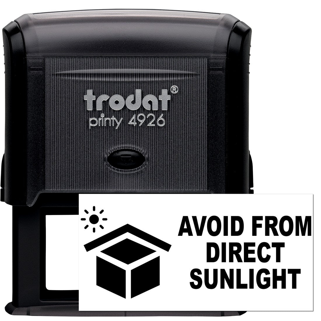 Self-Inking Sunlight Protection Warning Stamp in black, featuring a Avoid from Direct Sunlight message with a sun and box icon. Ideal for marking packages and documents.