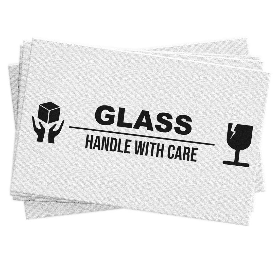 Slim Pre-Inked Glass Handle With Care Stamp featuring bold text and icons for fragile items. Ideal for packaging, ensuring safe handling. Compact design with clear impressions.