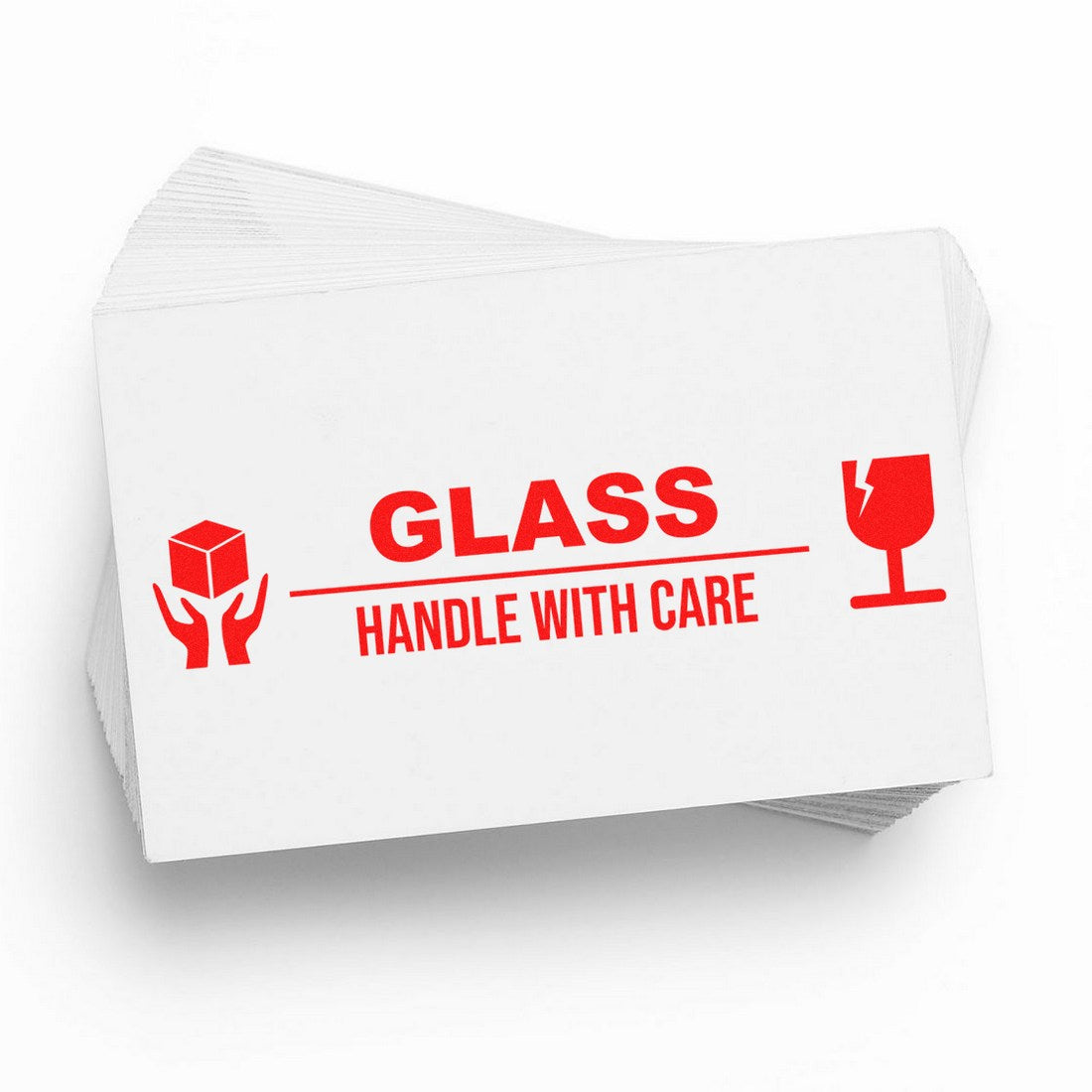 Wood Handle Glass Handle With Care Rubber Stamp featuring a durable wood handle and clear Glass Handle With Care text in red. Ideal for marking fragile packages.