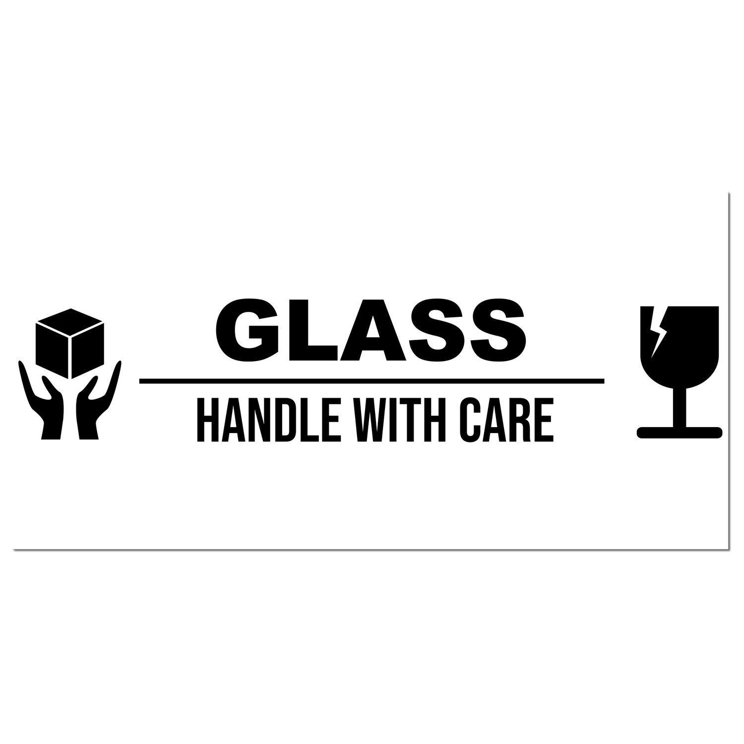 Wood Handle Glass Handle With Care Rubber Stamp featuring bold text and fragile icons, designed for marking packages. Ideal for ensuring safe handling of glass items.