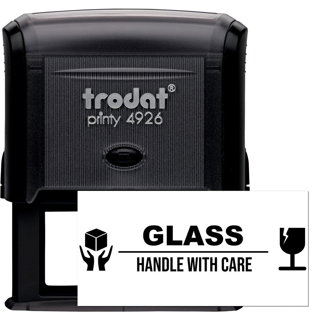 Self-Inking Glass Handle With Care Stamp featuring a durable black casing and clear imprint design. Ideal for marking fragile packages, ensuring safe handling.