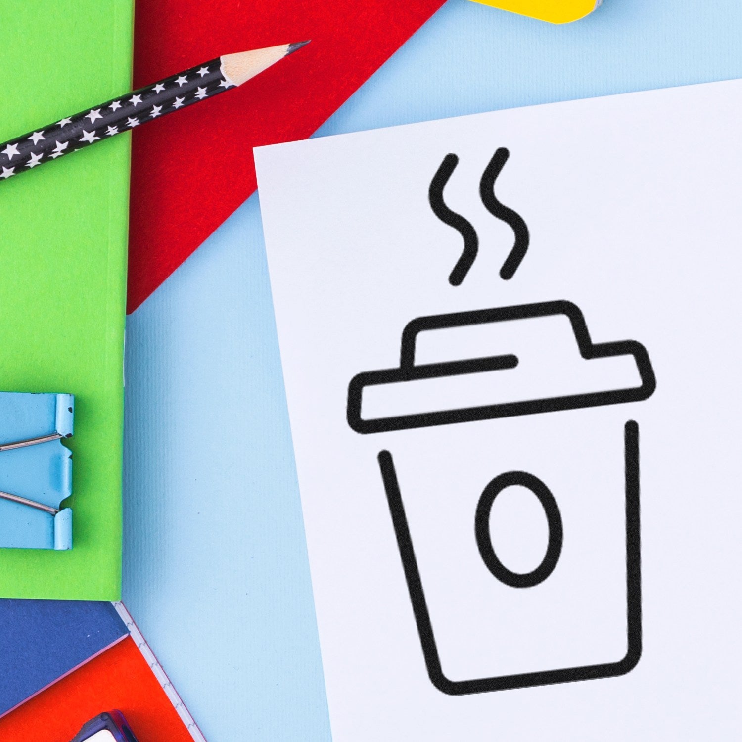 Self-Inking Java Joy Customer Loyalty Stamp featuring a coffee cup design on a colorful background with stationery items. Ideal for rewarding loyal customers.