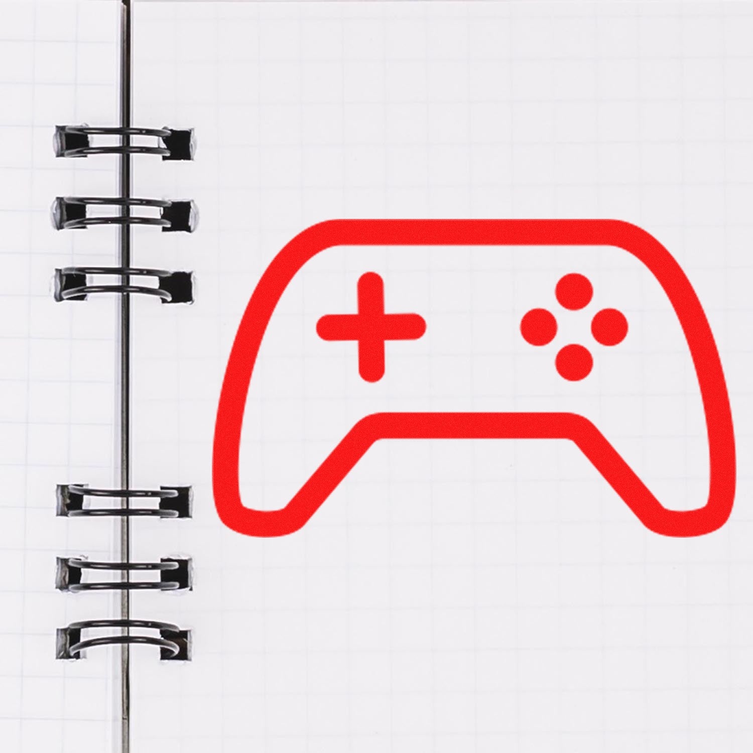 Wood Handle Game On! Reward Rubber Stamp featuring a red game controller design on a spiral notebook, ideal for teachers and gamers. Perfect for adding a playful touch to any project.